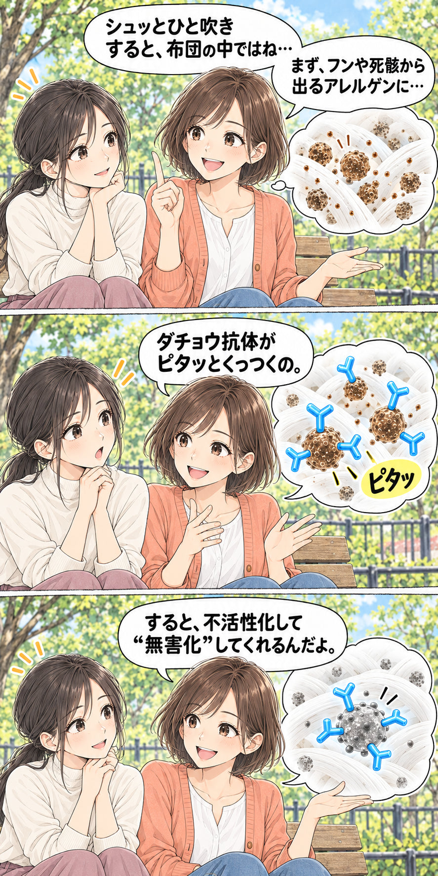 シュッとひと吹きすると、布団の中ではね… まず、フンや死骸から出るアレルゲンに… ダチョウ抗体がピタッとくっつくの。 すると、不活性化して“無害化”してくれるんだよ。 ピタッ