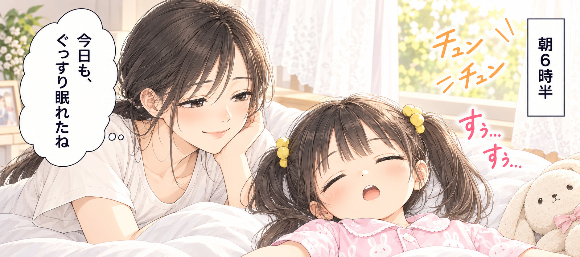 今日も、ぐっすり眠れたね 朝6時半 すぅ… すぅ… チュン チュン