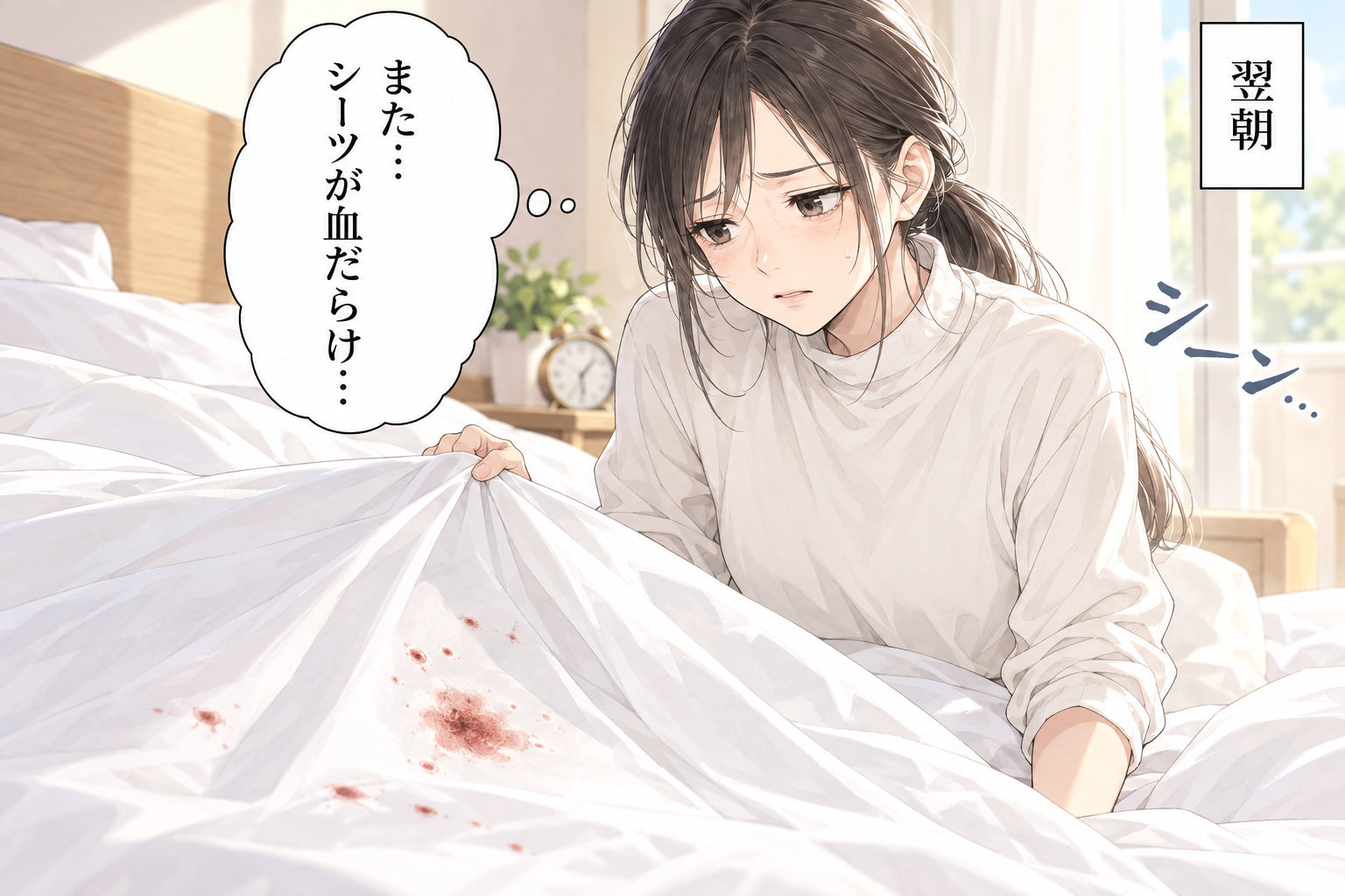 また… シーツが血だらけ… 翌朝 シーン…