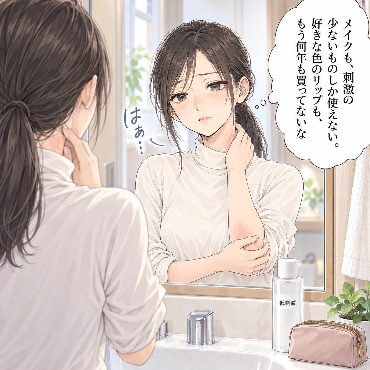 メイクも、刺激の少ないものしか使えない。 好きな色のリップも、もう何年も買ってないな はぁ…