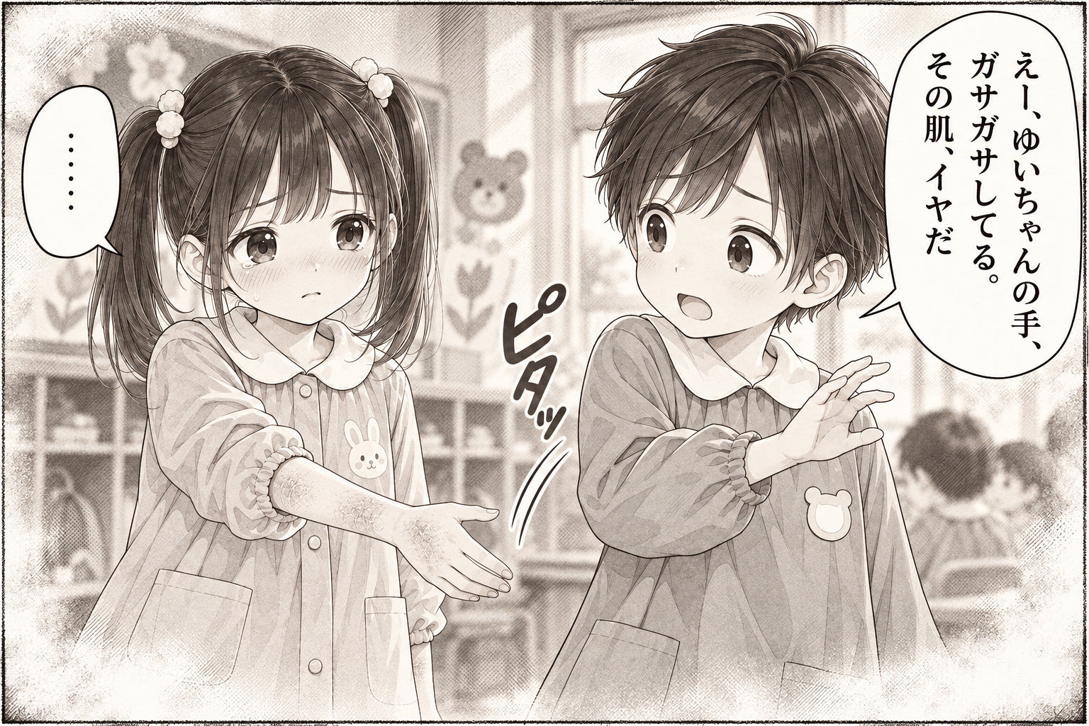 えー、ゆいちゃんの手、ガサガサしてる。 その肌、イヤだ …… ピタッ