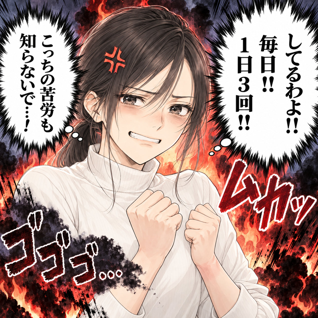 してるわよ!! 毎日!! 1日3回!! こっちの苦労も知らないで…! ムカッ ゴゴゴ…