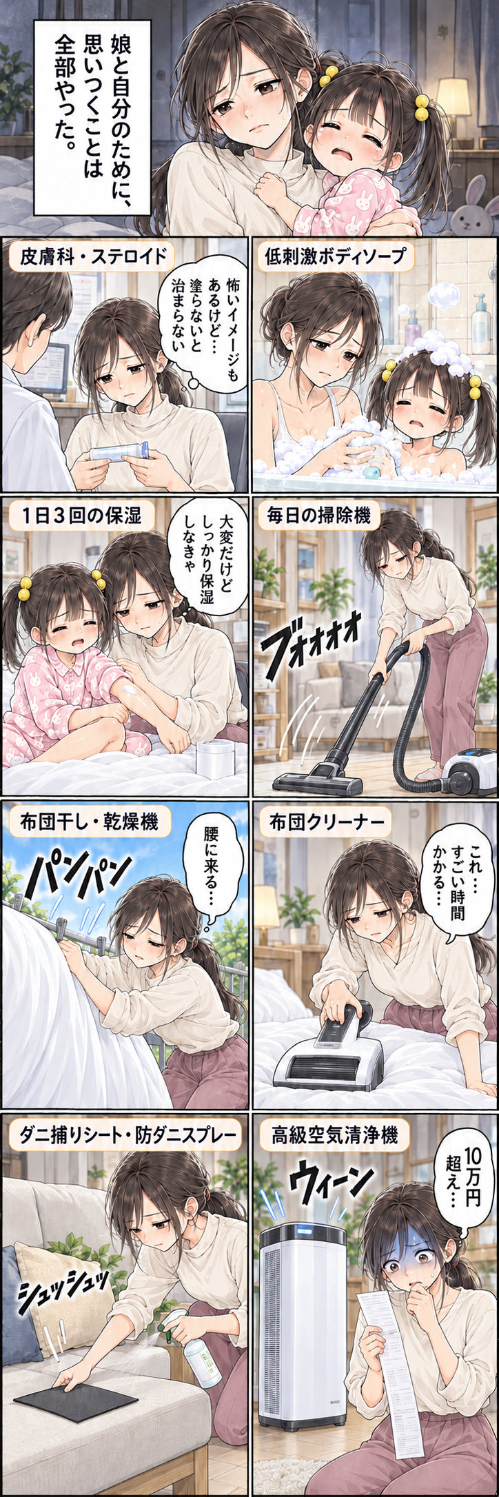 娘と自分のために、 思いつくことは全部やった。 皮膚科・ステロイド 怖いイメージもあるけど… 塗らないと治まらない 低刺激ボディソープ 1日3回の保湿 大変だけどしっかり保湿しなきゃ 毎日の掃除機 ブォォォ 布団干し・乾燥機 腰に来る… パンパン 布団クリーナー これ…すごい時間かかる… ダニ捕りシート・防ダニスプレー シュッシュッ 高級空気清浄機 10万円超え… ウィーン