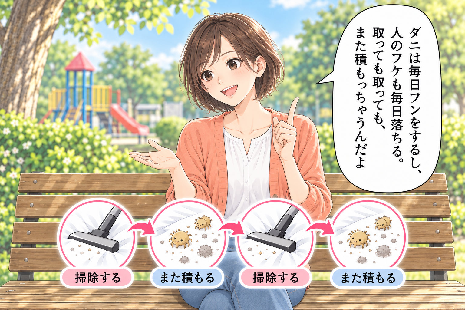 ダニは毎日フンをするし、 人のフケも毎日落ちる。 取っても取っても、また積もっちゃうんだよ