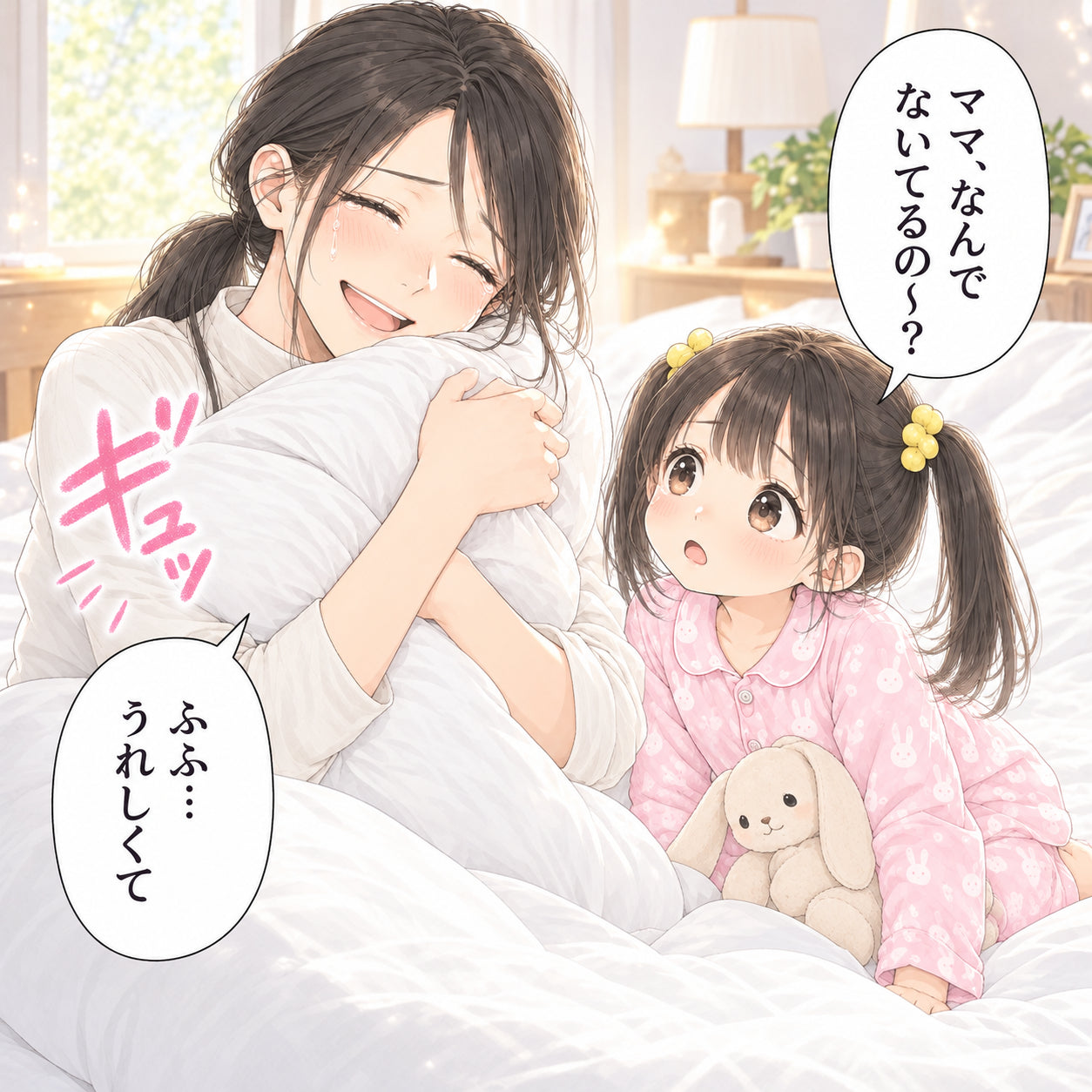 ママ、なんで ないてるの〜? ふふ… うれしくて ギュッ