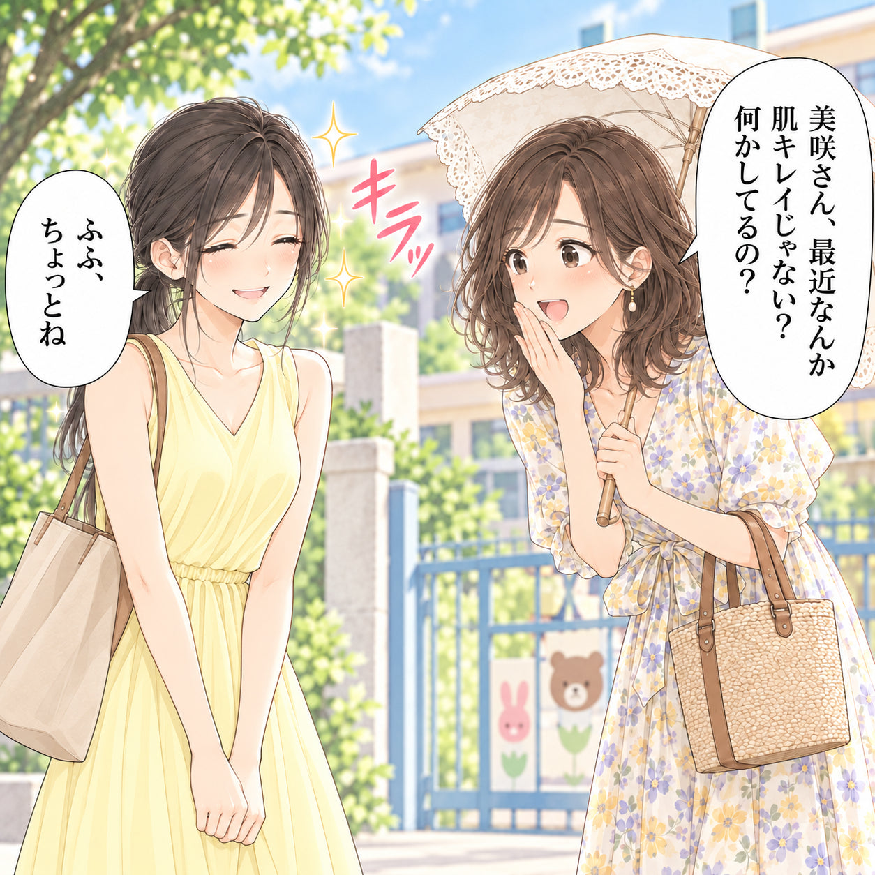 美咲さん、最近なんか肌キレイじゃない? 何かしてるの? ふふ、 ちょっとね キラッ