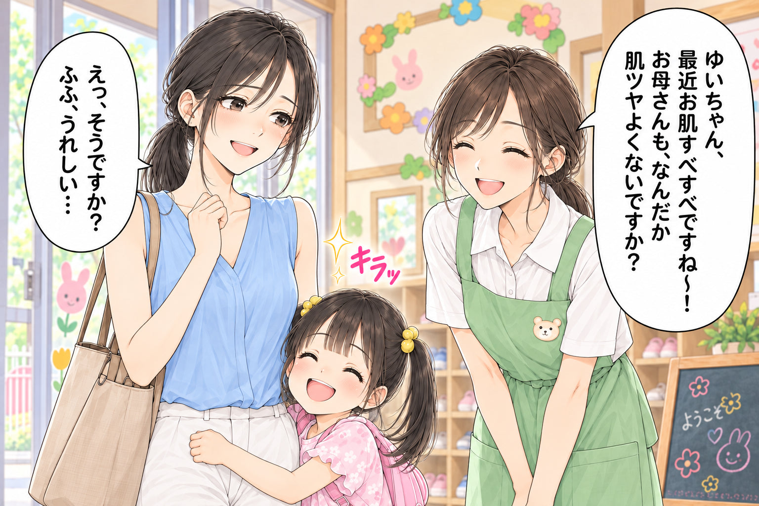 ゆいちゃん、最近お肌すべすべですね〜！ お母さんも、なんだか肌ツヤよくないですか？ えっ、そうですか？ ふふ、うれしい… キラッ