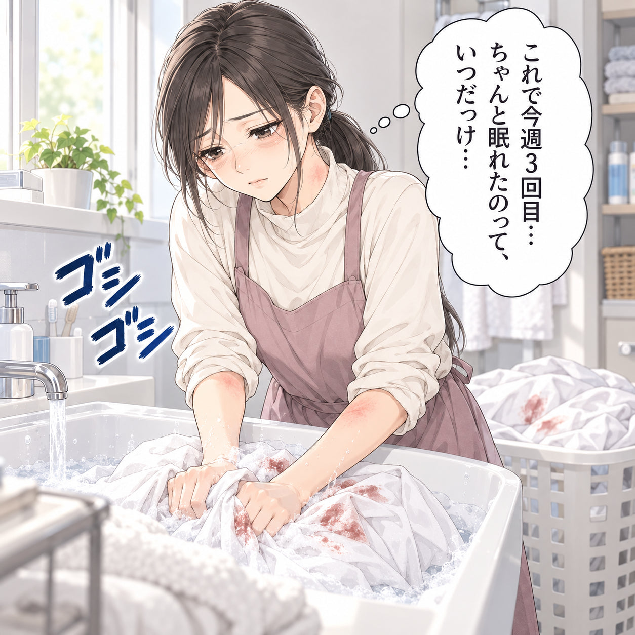 これで今週３回目… ちゃんと眠れたのって、いつだっけ… ゴシ ゴシ