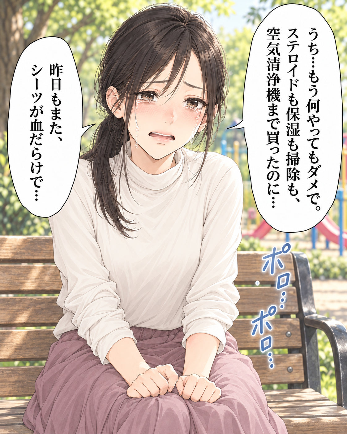 うち…もう何やってもダメで。 ステロイドも保湿も掃除も、 空気清浄機まで買ったのに… 昨日もまた、シーツが血だらけで… ポロ… ポロ…