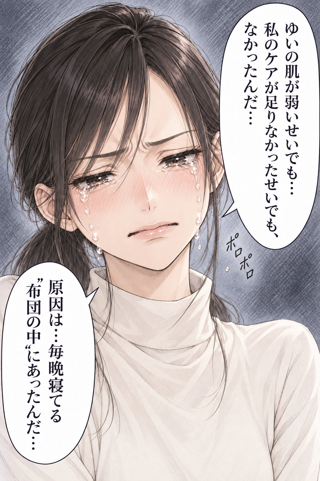 ゆいの肌が弱いせいでも… 私のケアが足りなかったせいでも、 なかったんだ… 原因は…毎晩寝てる “布団の中”にあったんだ… ポロポロ