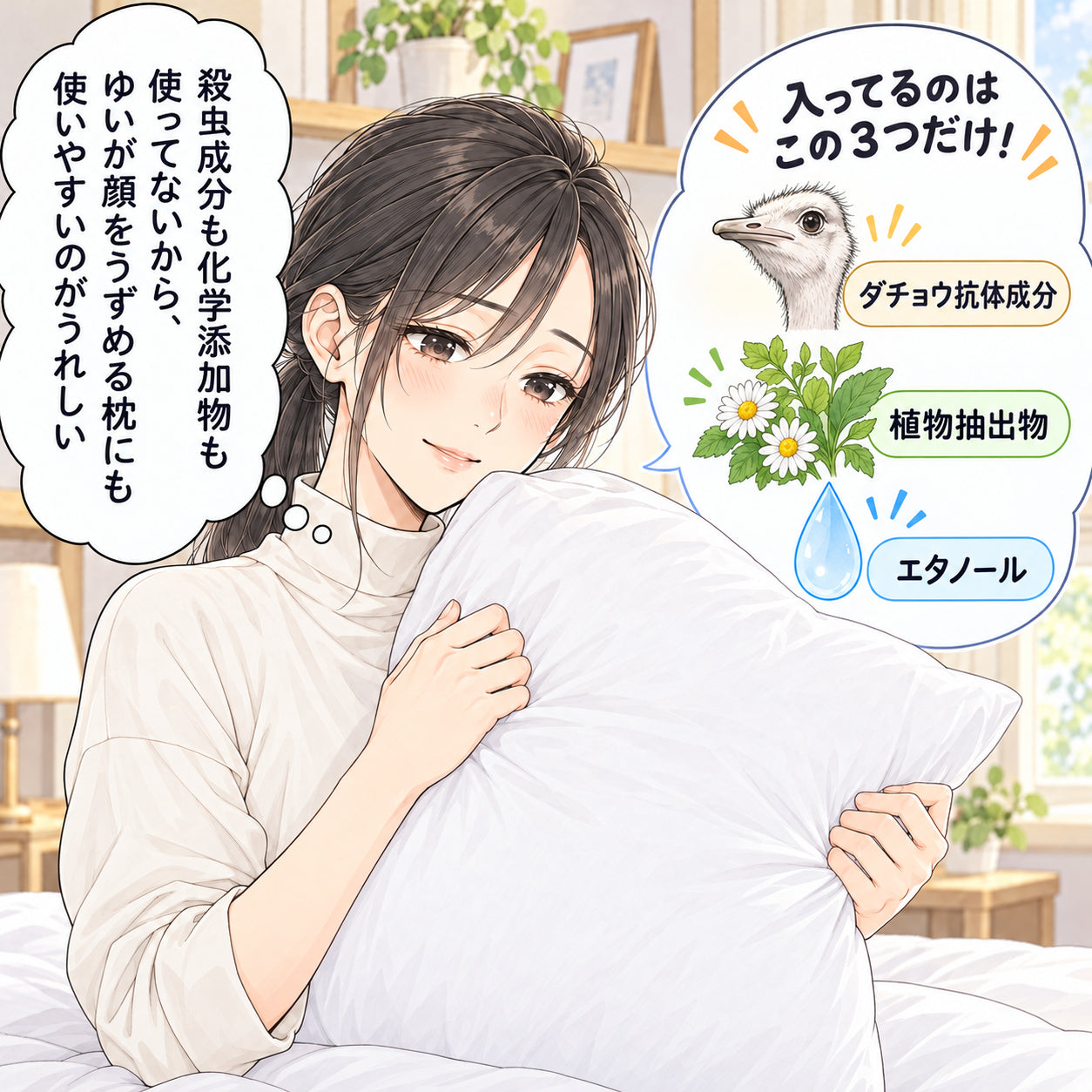 殺虫成分も化学添加物も使ってないから、 ゆいが顔をうずめる枕にも 使いやすいのがうれしい 入ってるのはこの３つだけ！ ダチョウ抗体成分 植物抽出物 エタノール