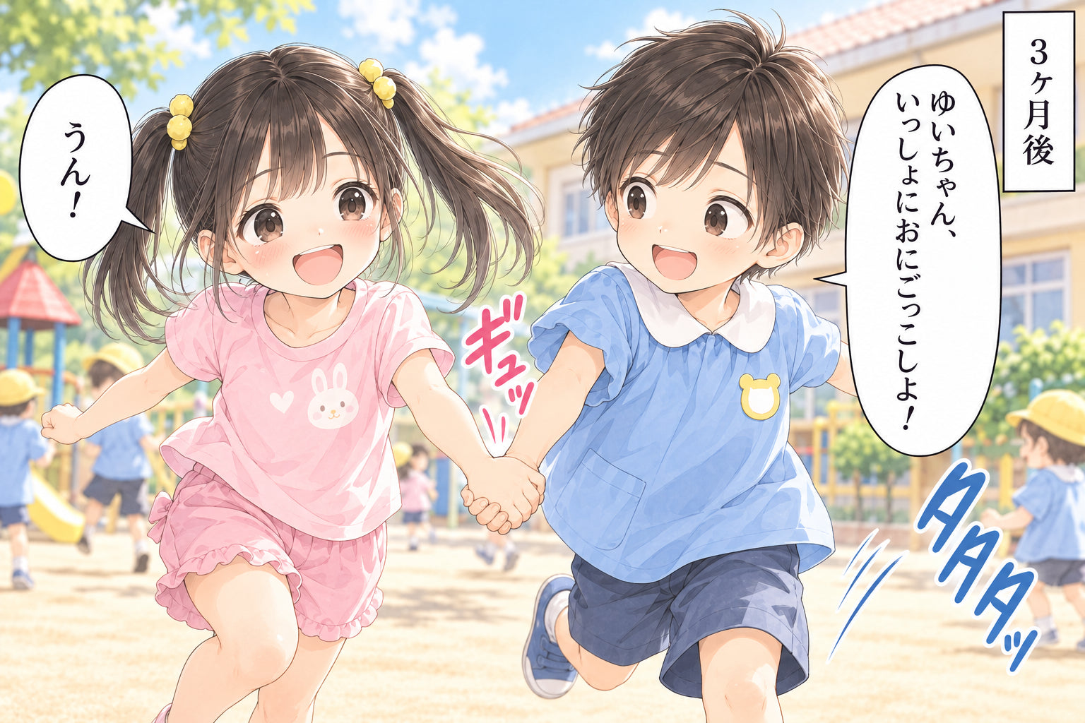ゆいちゃん、 いっしょにおにごっこしよ！ うん！ ３ヶ月後 ギュッ タタタッ