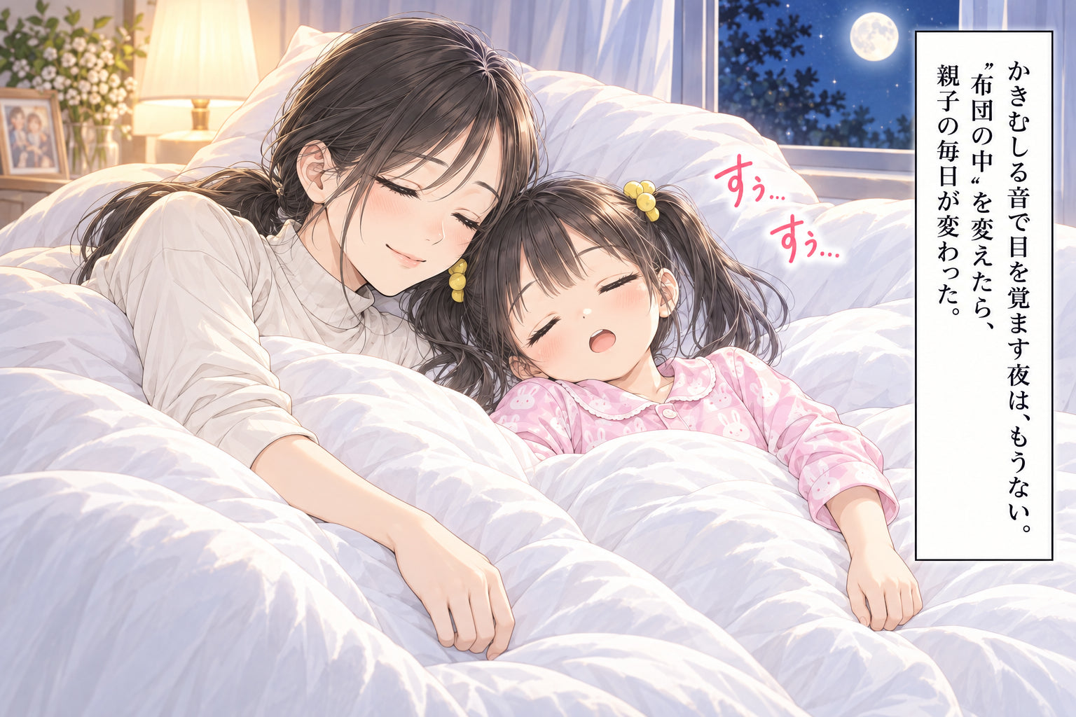 かきむしる音で目を覚ます夜は、もうない。 “布団の中”を変えたら、親子の毎日が変わった。 すぅ… すぅ…